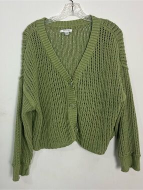 American Eagle Outfitters Distressed. Olive Green Open-Knit Button Cardigan